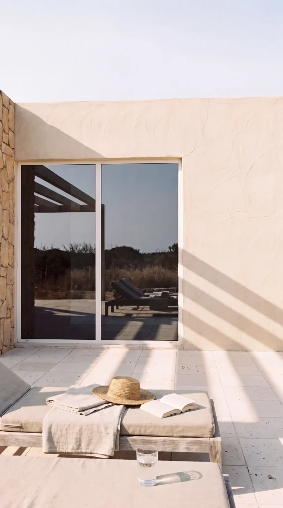 Terraza de una vivienda de Atelier Tadel en Formentera, con hamacas y luz de tarde