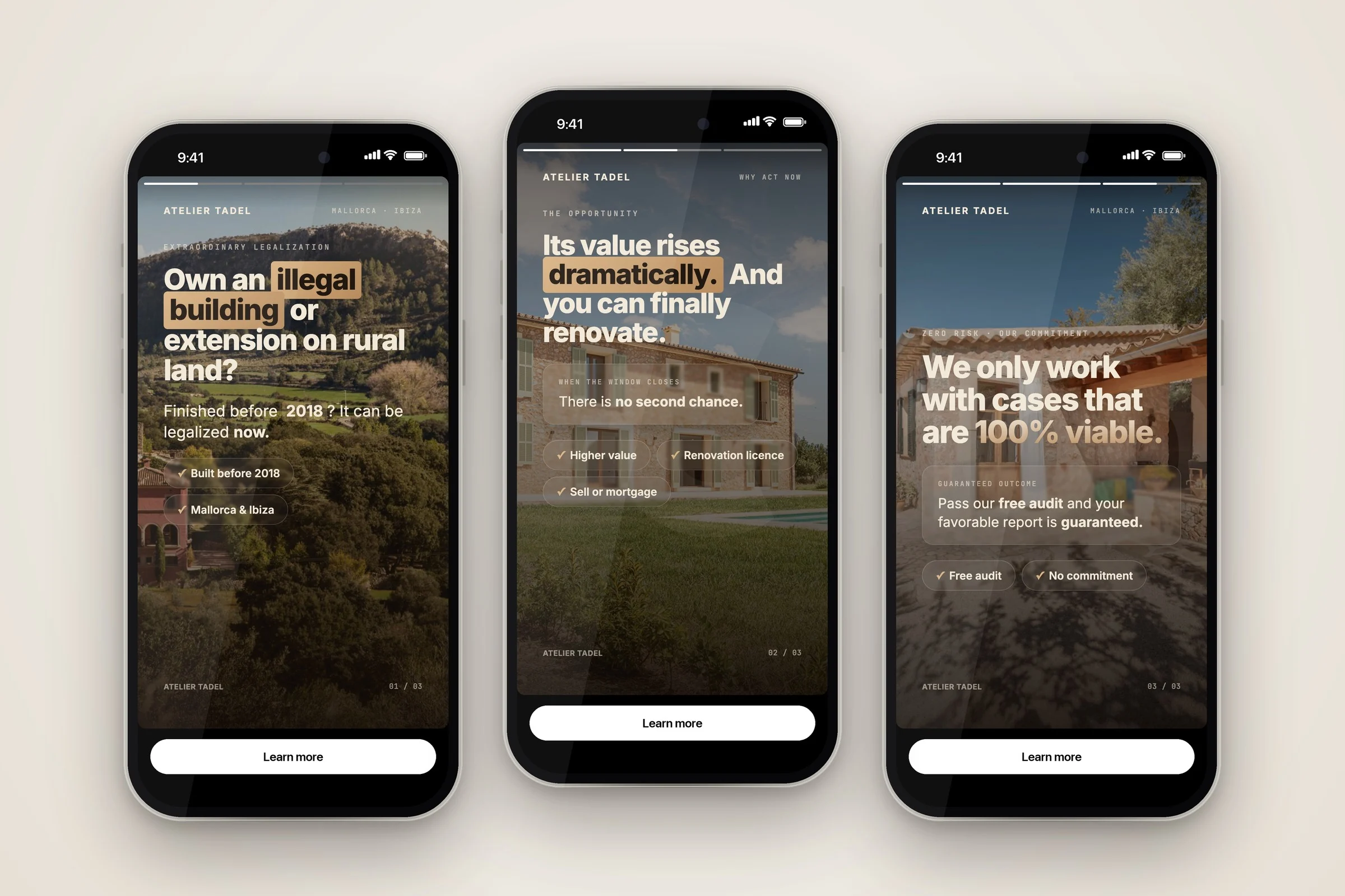 Tres anuncios de la campaña de Meta Ads de Atelier Tadel en historias de Instagram, en tres iPhone, diseñados por Airpro