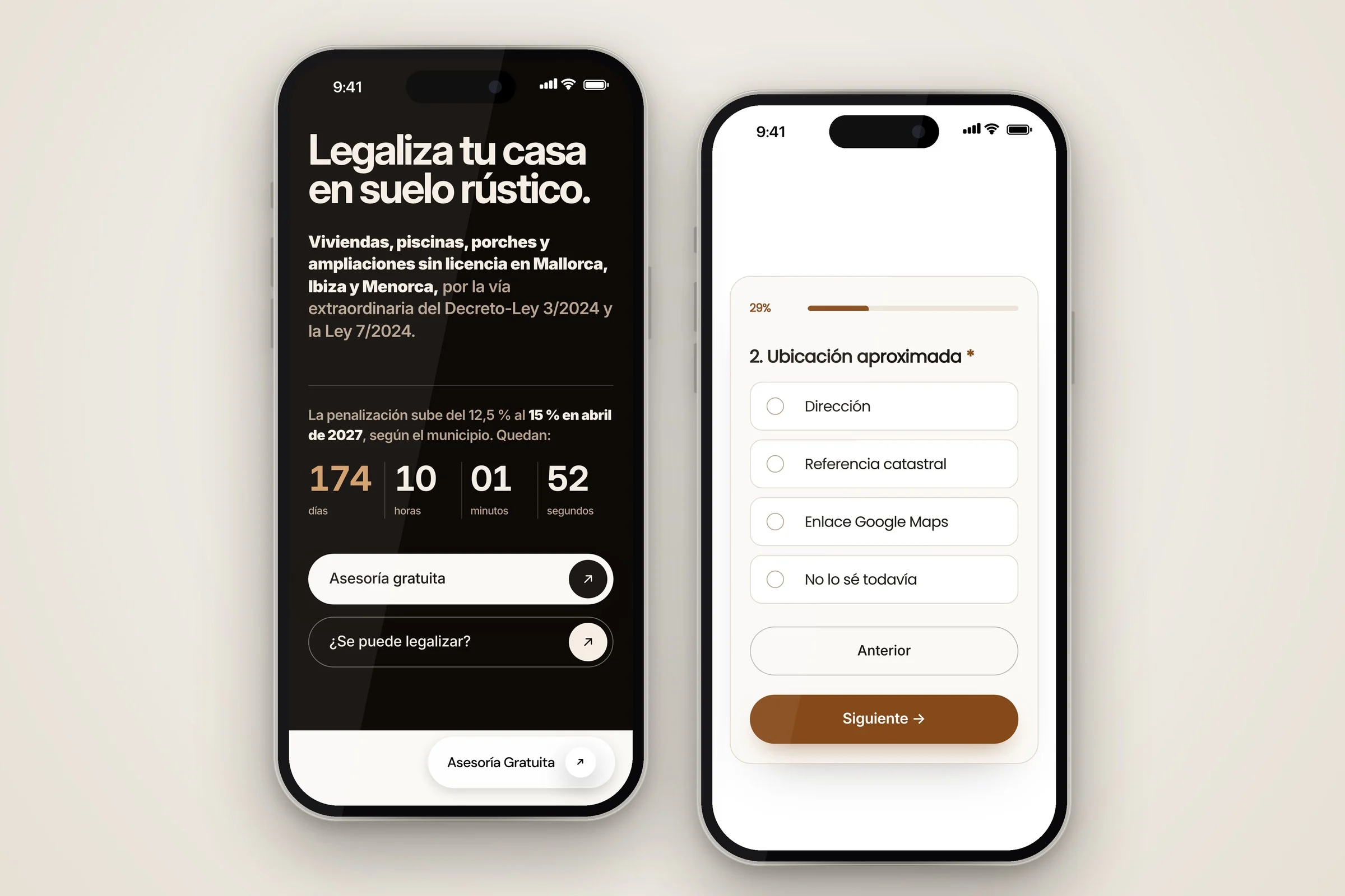 Landing de legalizaciones de Atelier Tadel en dos iPhone: cuenta atrás y formulario por pasos, diseñada por Airpro