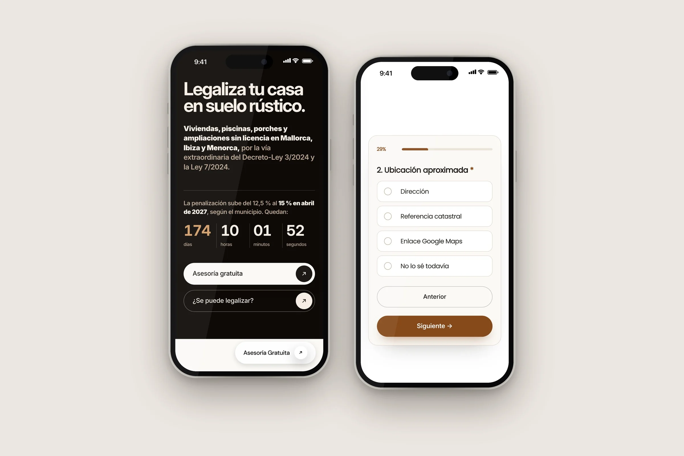 Landing de legalizaciones de Atelier Tadel en dos iPhone: cuenta atrás y formulario por pasos, diseñada por Airpro