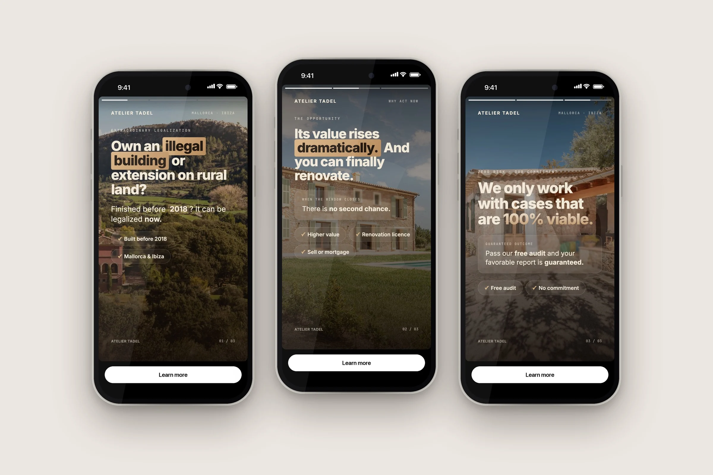 Tres anuncios de la campaña de Meta Ads de Atelier Tadel en historias de Instagram, en tres iPhone, diseñados por Airpro